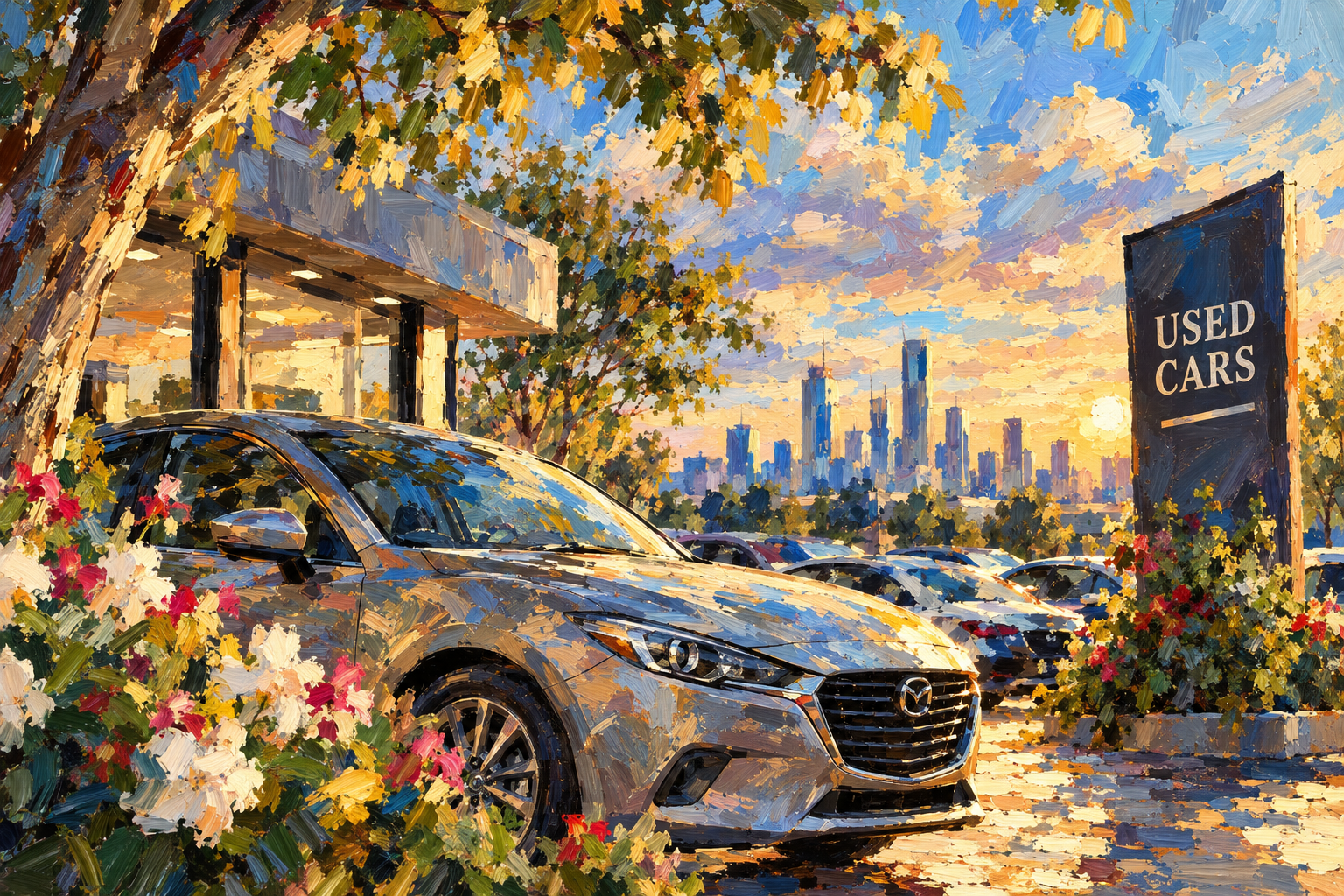 Painted view of a car dealership at golden hour, with a city skyline behind