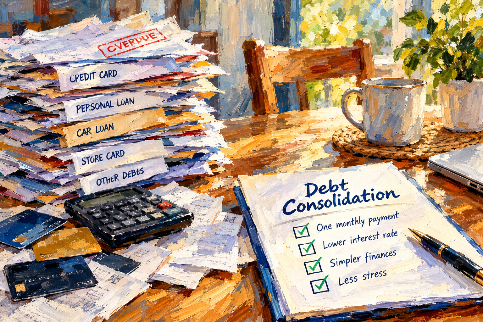 Painted desk with piles of bills and a Debt Consolidation checklist