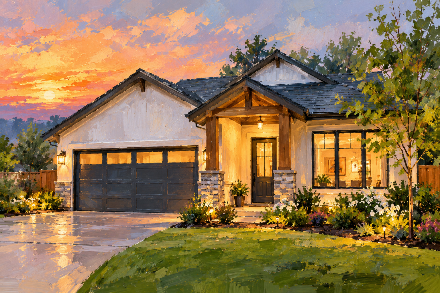Painted view of a family home at sunset with warm lights glowing in the windows