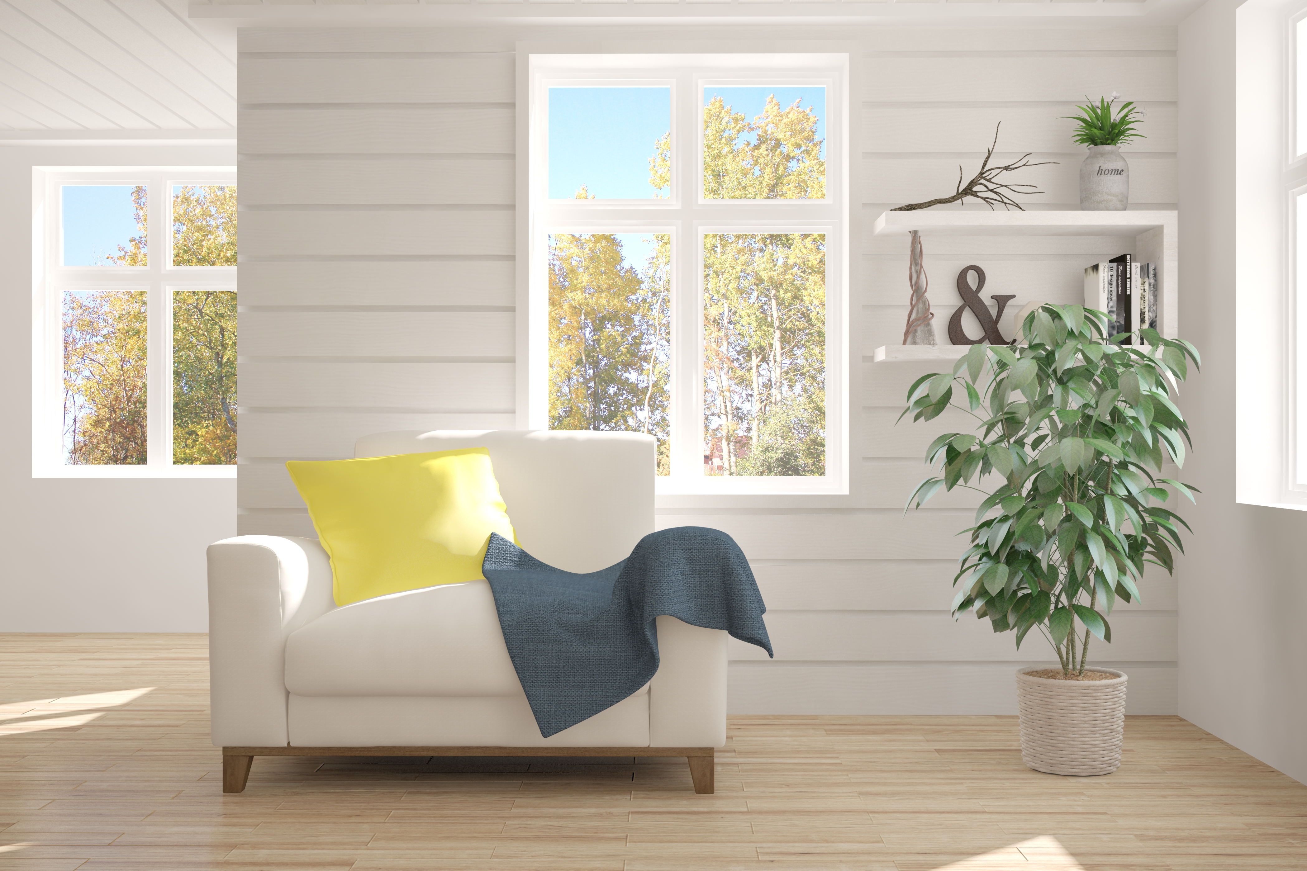A bright living room with an armchair