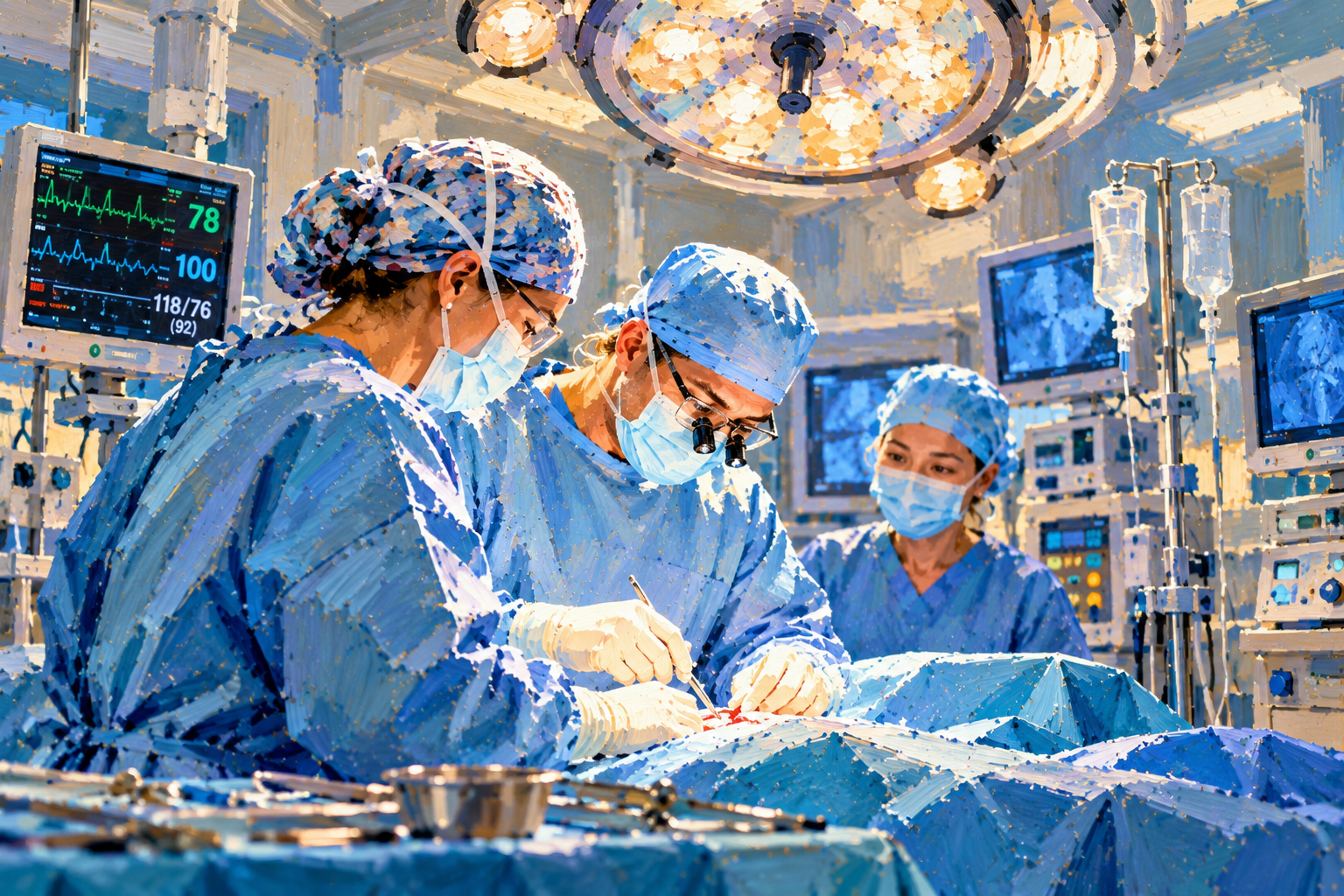 Painted view of surgeons in an operating theatre
